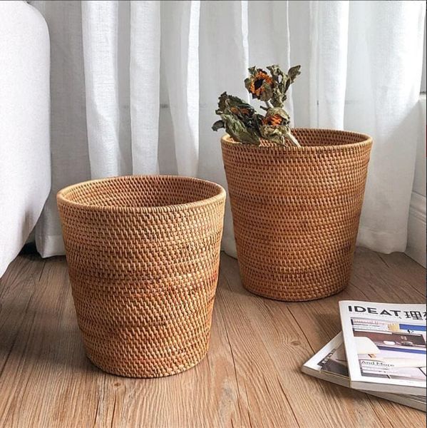 ゴミ箱 手作り 籐織り クリエイティブ ラウンドラタンゴミ箱 おしゃれ ゴミ箱バスケットごみリサイクルビン 寝室のリビングルームのバスルームのオフィス 28×28×30cm c