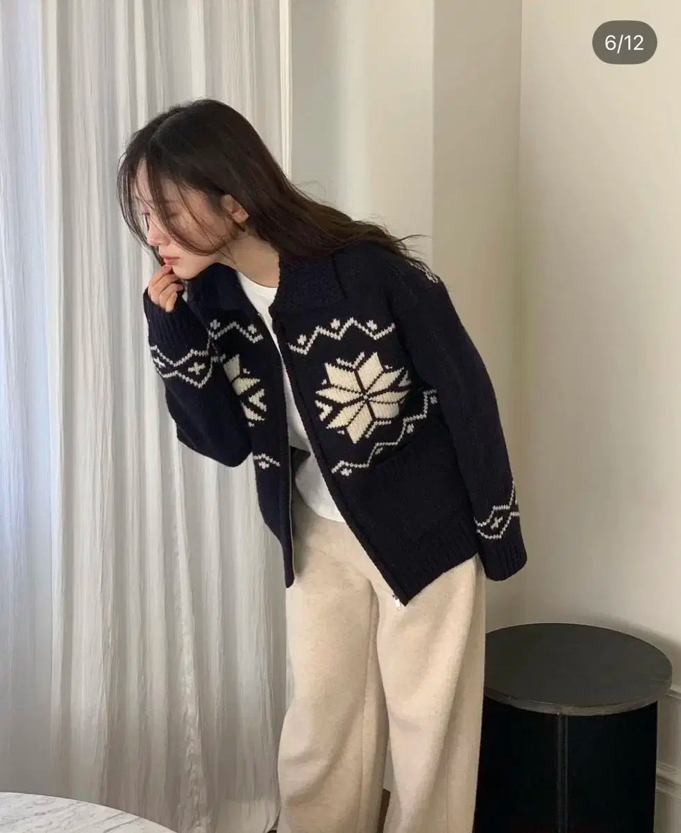 Jinsim ジーン 目花 ジャガード ウール ジップアップ カーディガン ネイビー