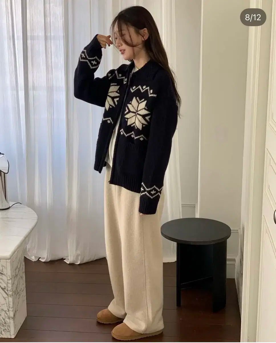 Jinsim ジーン 目花 ジャガード ウール ジップアップ カーディガン ネイビー