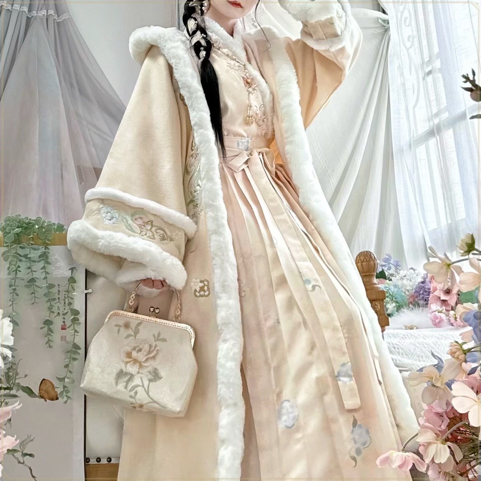 宋スタイル パーカー付き長褙子 ハン服 レディース 起毛 厚手 サイドポケット おしゃれ エレガント 日常使い フォトジェニック 温もりと優雅さを兼ね備えた 冬の宋スタイル衣装