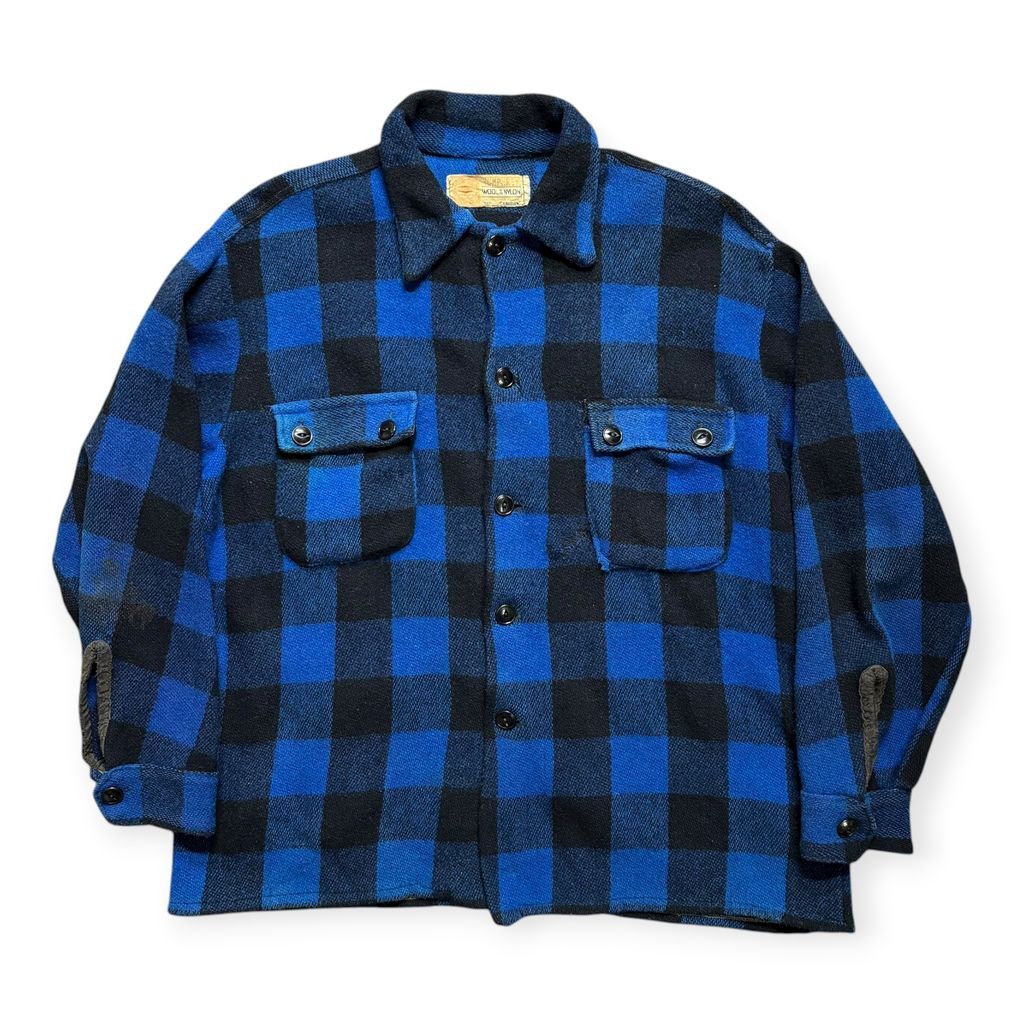 50’s カナダ製 Humphrey バッファローチェック ウールシャツ ボックスシルエット 青黒 古着