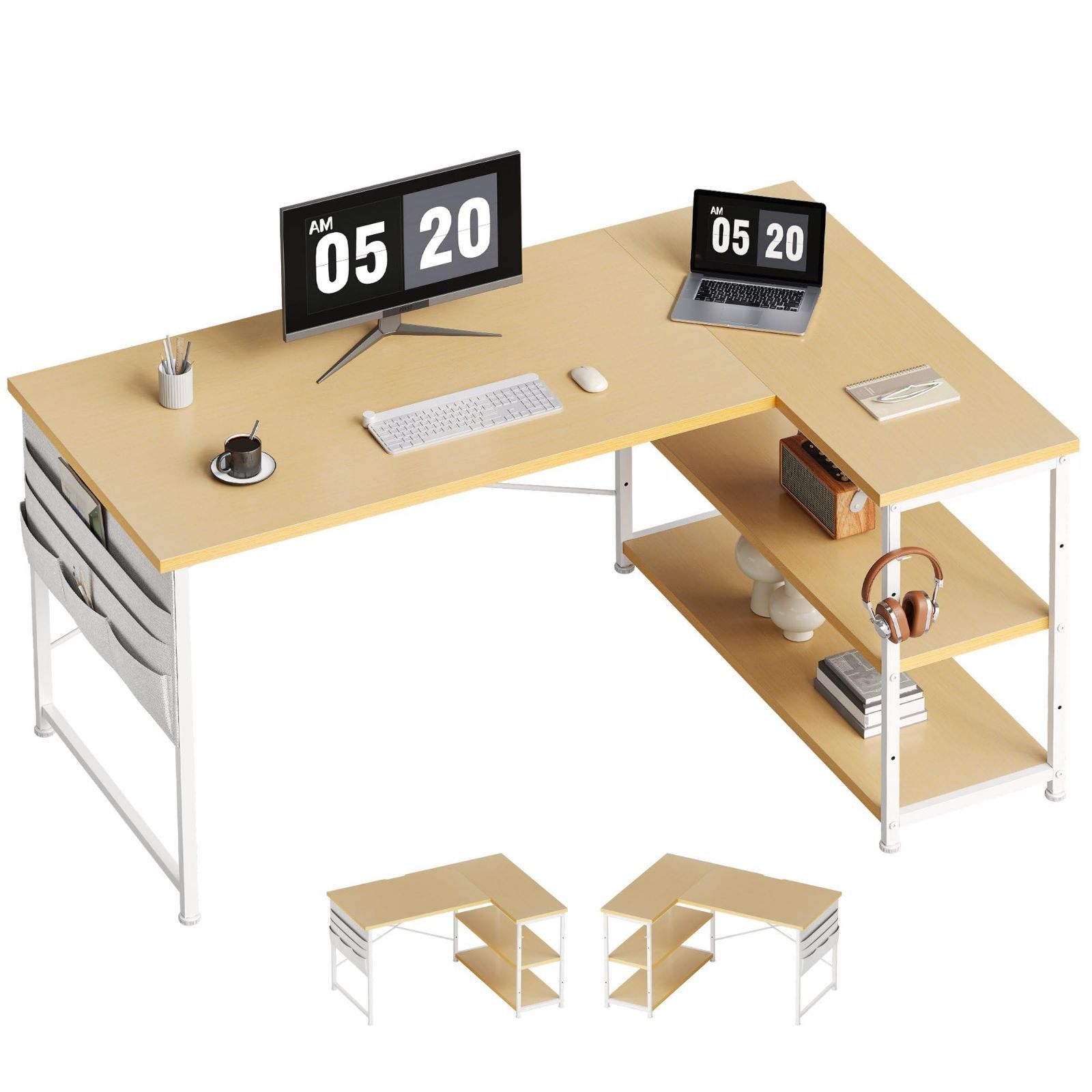 YeTom l字デスク ゲーミングデスク 机 デスク 右棚左棚 幅107cm つくえ 棚板高さ調節 収納袋付き L字型 PC 勉強机 作業 在宅ワーク ライトオーク