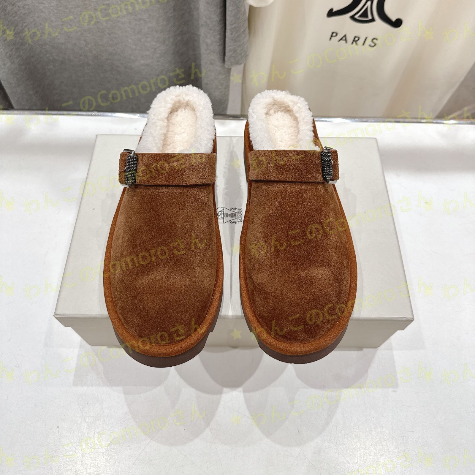 ブラウン23.0～24.5 cm ブルネロクチネリ レディーススエード モカシン スリッパ 羊毛裏地付き ラバーソール 防滑性 秋冬用