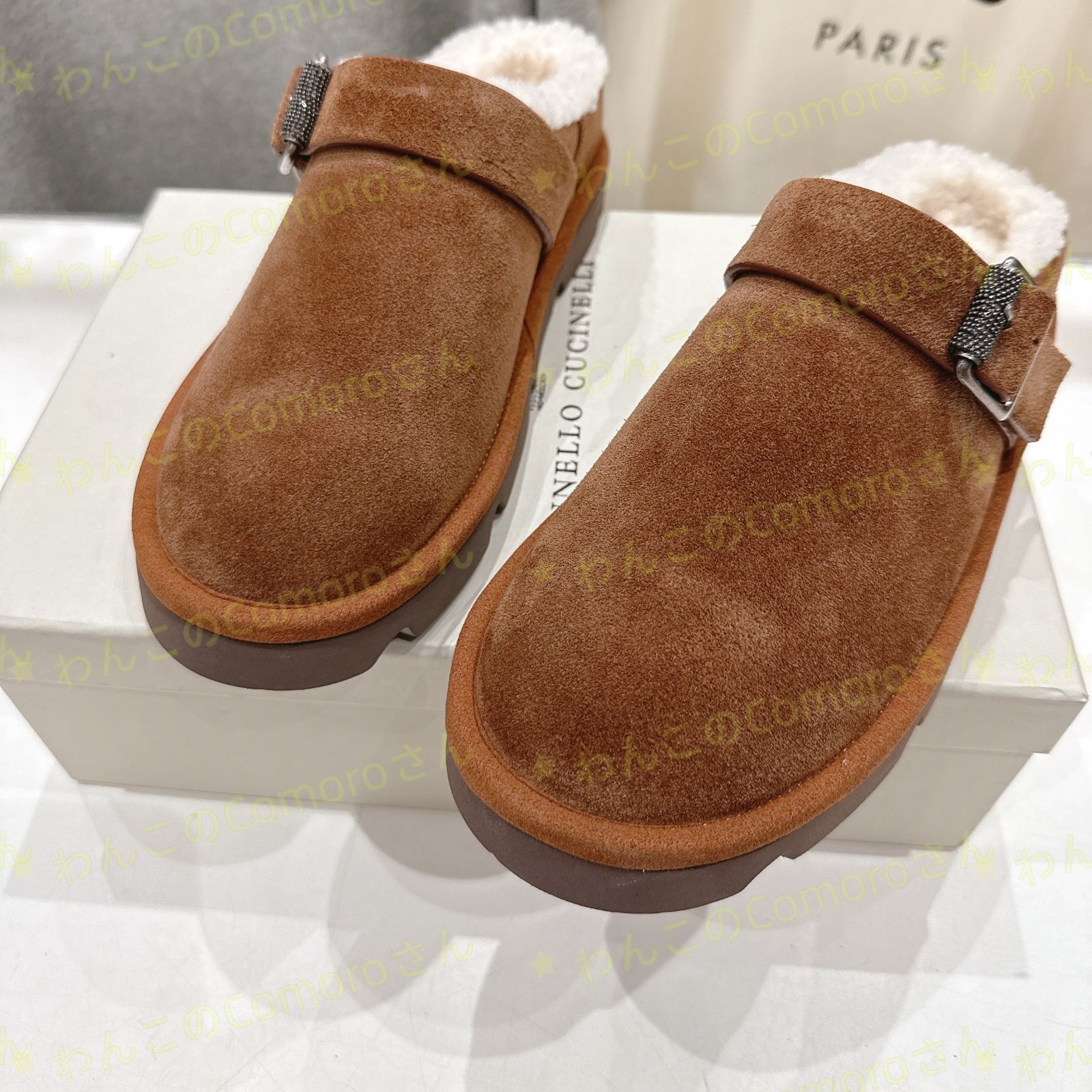 ブラウン23.0～24.5 cm ブルネロクチネリ レディーススエード モカシン スリッパ 羊毛裏地付き ラバーソール 防滑性 秋冬用