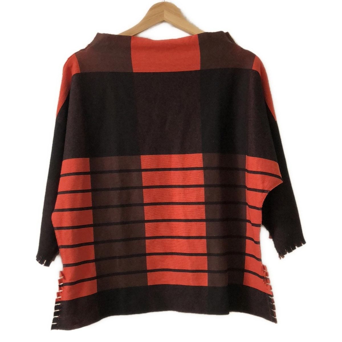 イッセイミヤケ 七分袖セーター サイズ2 M レディース - レッド×黒×ブラウン ボーダー A.POC INSIDE