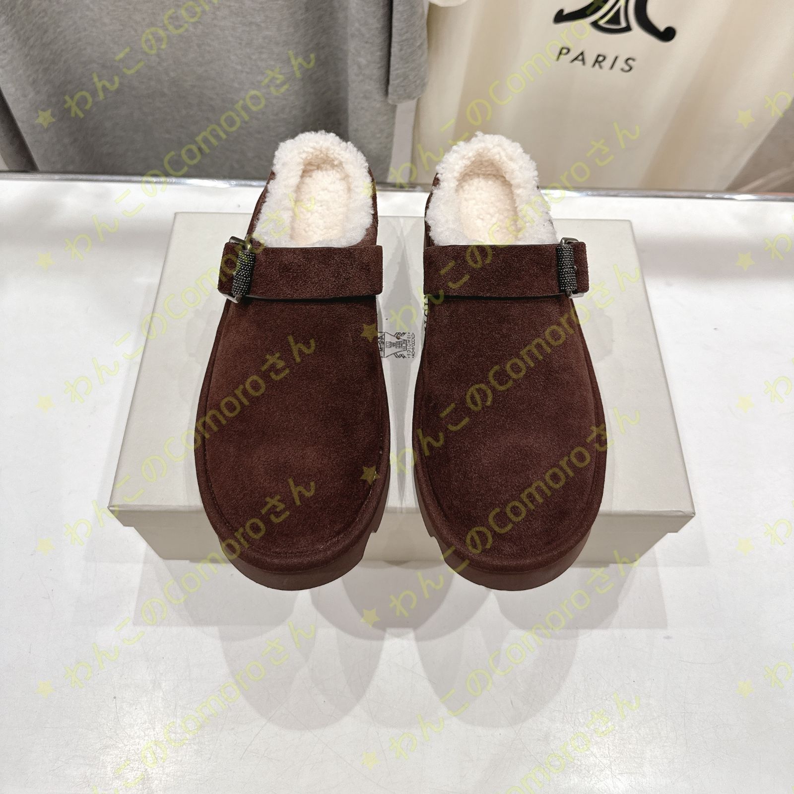 ダークブラウン23.0～24.5cm ブルネロクチネリ レディーススエード モカシン スリッパ 羊毛裏地付き ラバーソール 防滑性 秋冬用