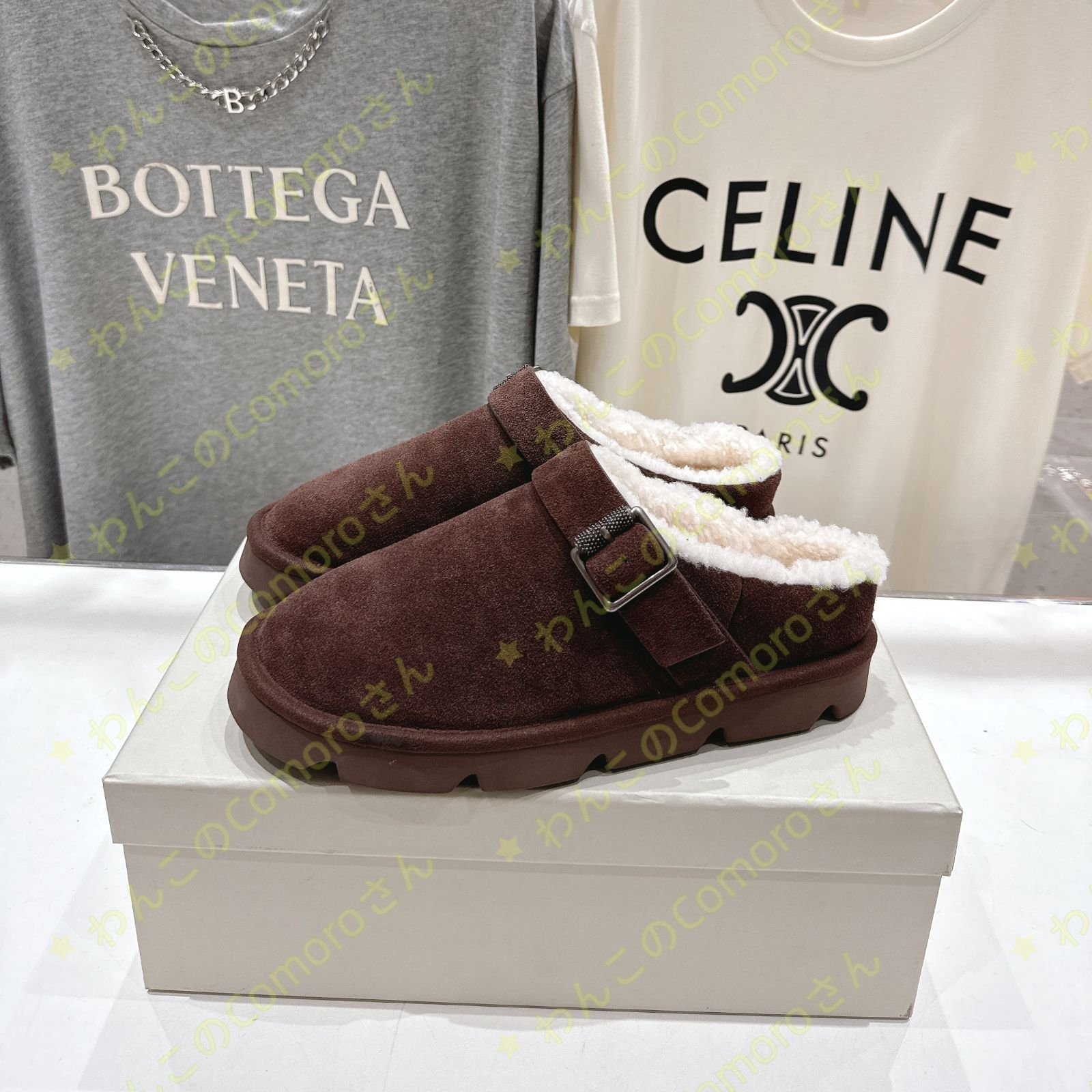 ダークブラウン23.0～24.5 cm ブルネロクチネリ レディーススエード モカシン スリッパ 羊毛裏地付き ラバーソール 防滑性 秋冬用