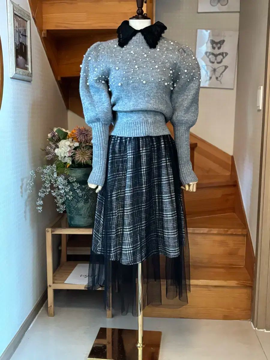 パール装飾ニット CHECK チュチュ スカート