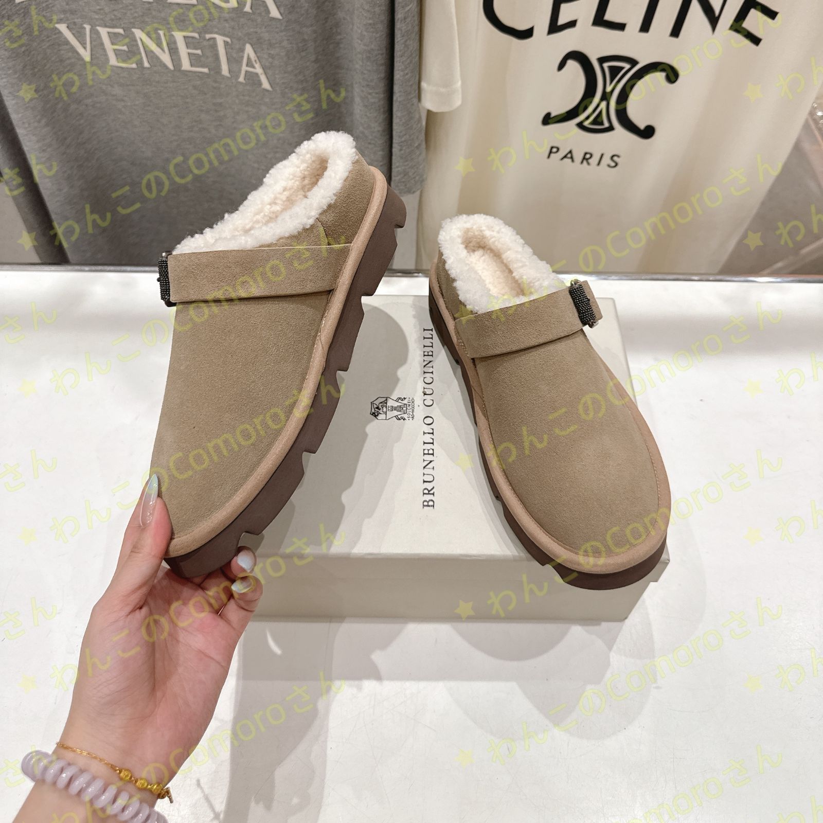 ベージュ23.0～24.5cm ブルネロクチネリ レディーススエード モカシン スリッパ 羊毛裏地付き ラバーソール 防滑性 秋冬用