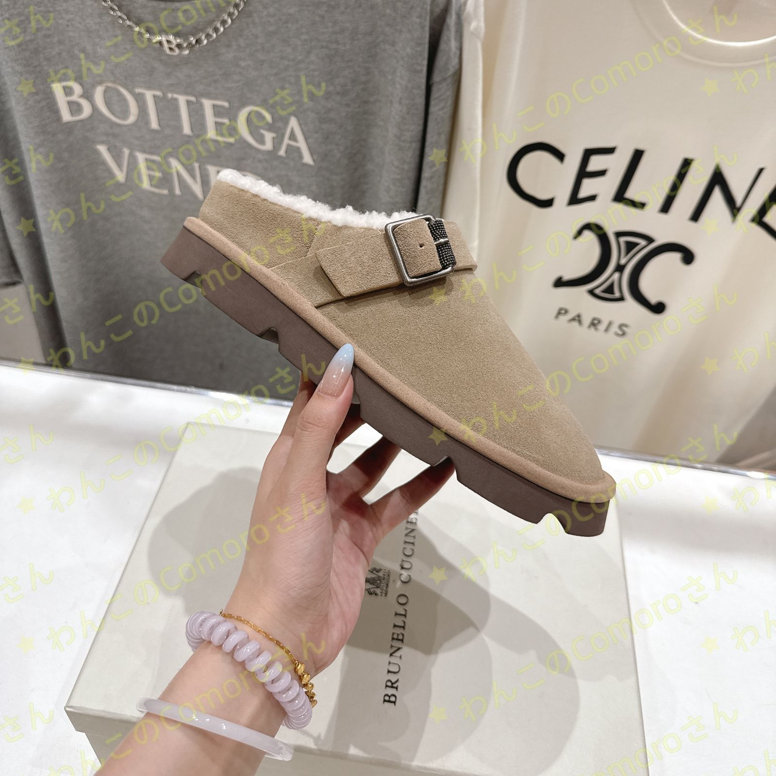 ベージュ23.0～24.5 cm ブルネロクチネリ レディーススエード モカシン スリッパ 羊毛裏地付き ラバーソール 防滑性 秋冬用