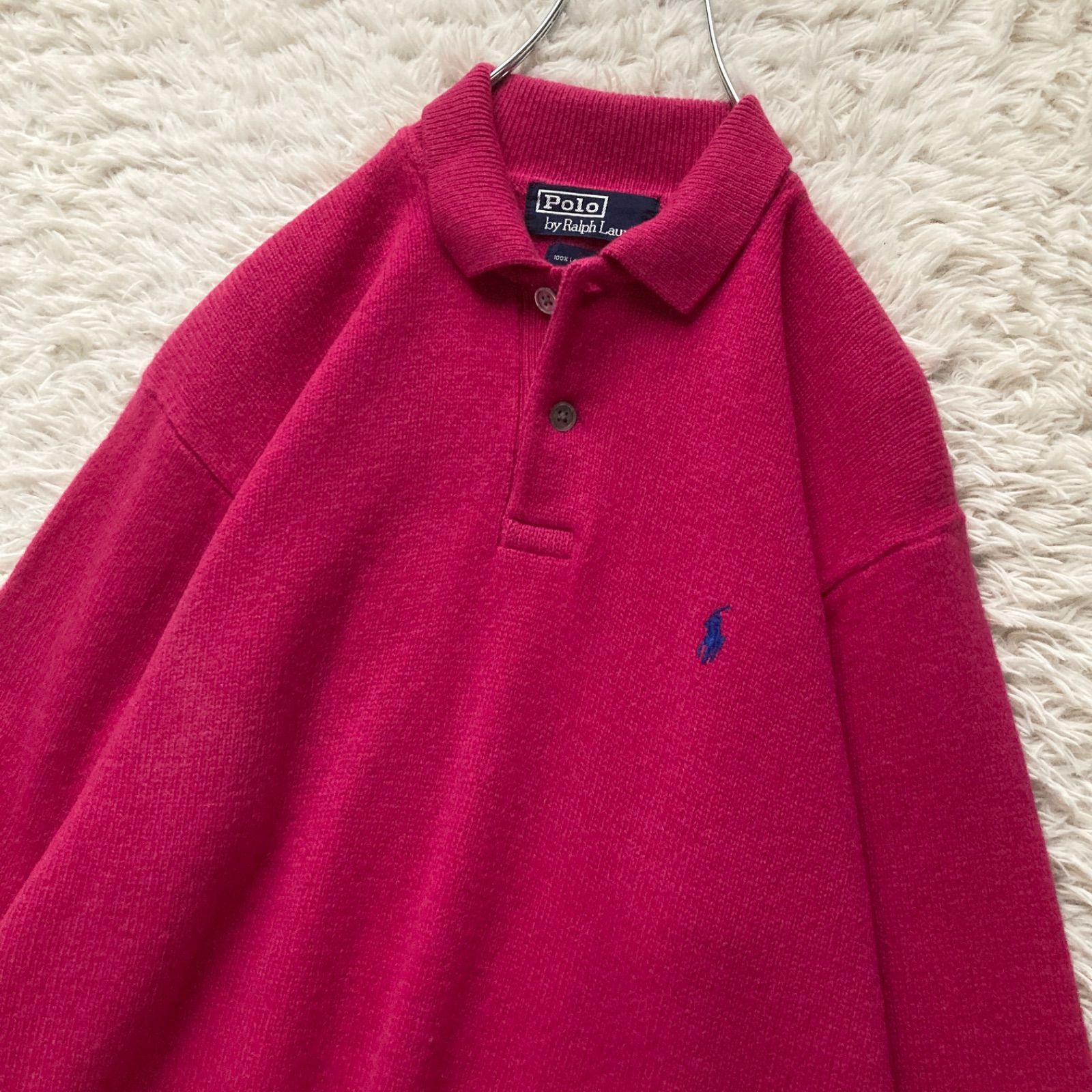 トレンド 超 ヴィンテージ ビンテージ ポロ ラルフローレン Polo Ralph Lauren ラムウール ラムズウール ニットポロシャツ ポロニット 鮮やかマゼンタ ピンク Mサイズ 長袖 セーター レディース ナイガイ社