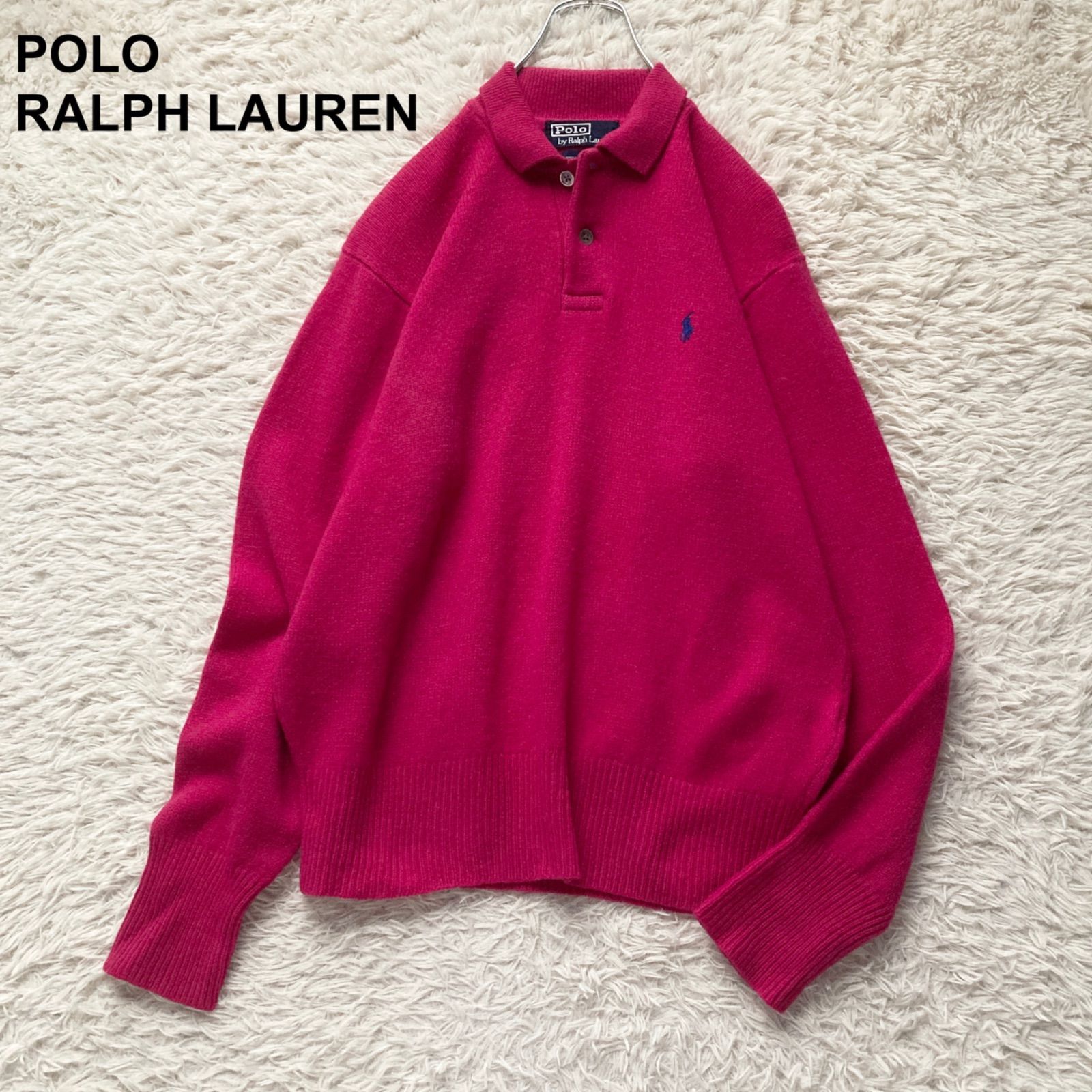今期トレンド 超 ヴィンテージ ビンテージ ポロ ラルフローレン Polo Ralph Lauren ラムウール ラムズウール ニットポロシャツ ポロニット 鮮やかマゼンタ ピンク Mサイズ 長袖 セーター レディース ナイガイ社