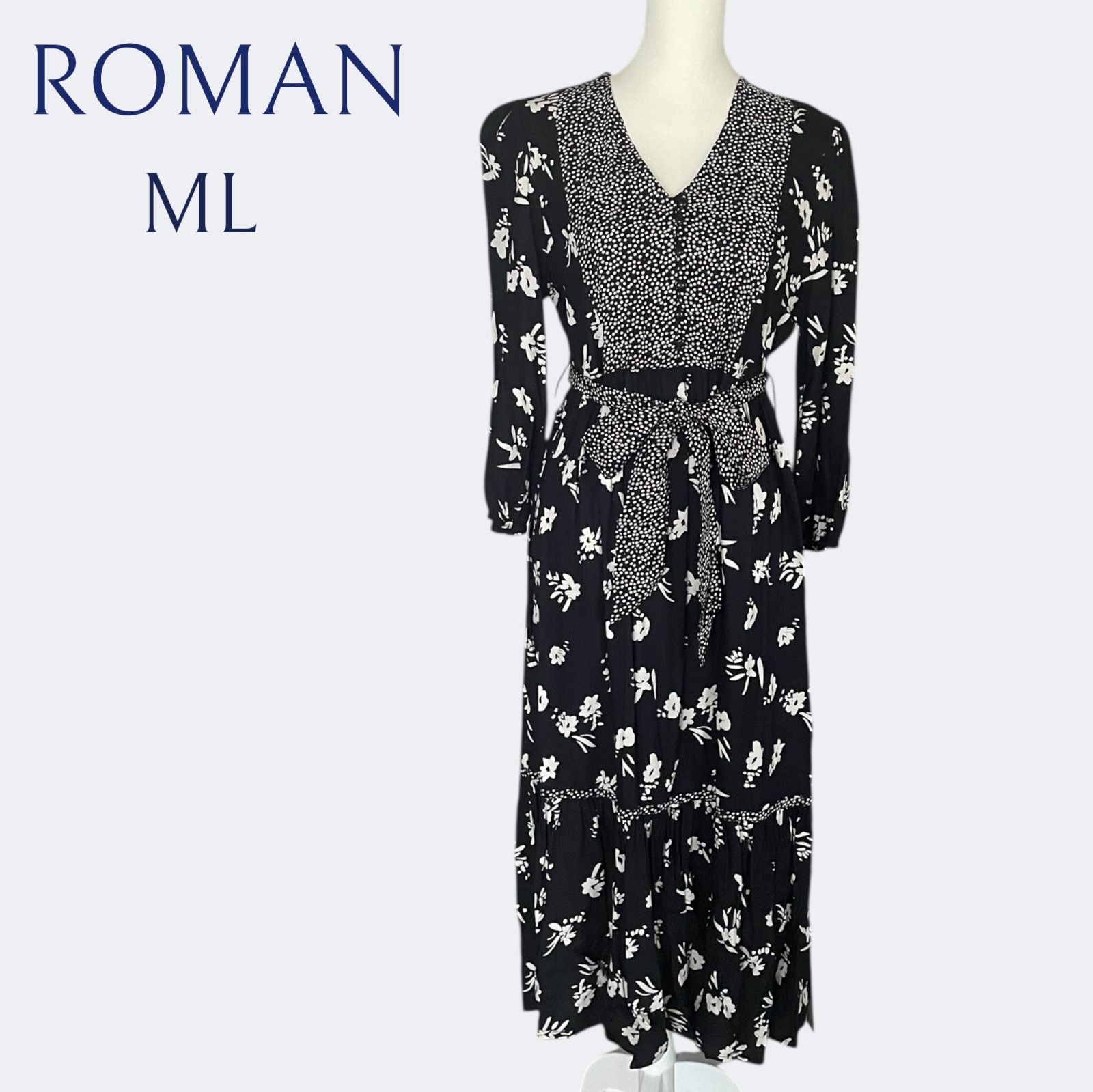 ROMANローマン 花柄ドット ブラックロングフ ワンピース ML