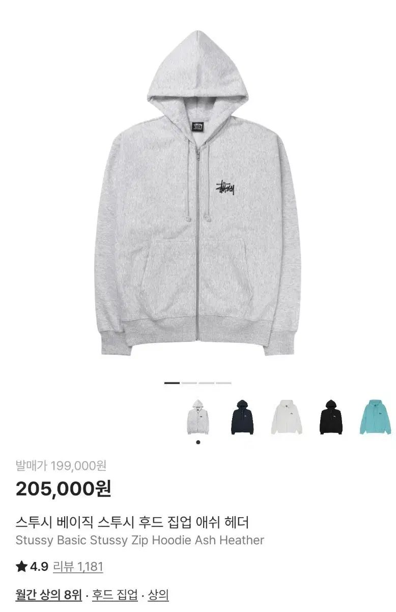 STUSSY ベーシック フードジップアップ アッシュヘザー L