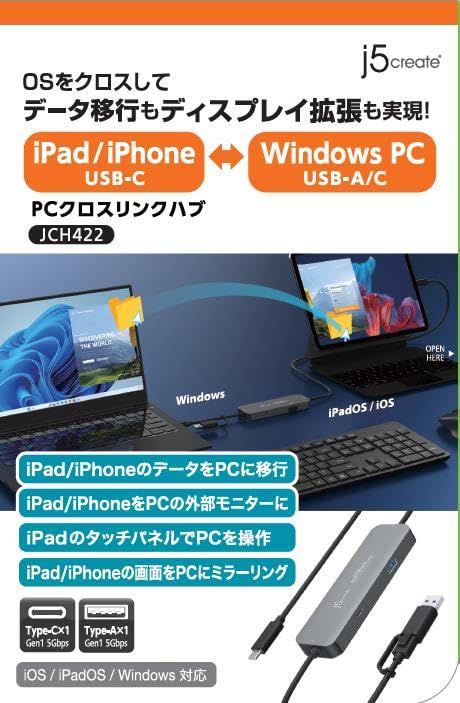 j5create USB-C リンクケーブル iPad iPhone Windowsパソコン クロスリンクハブ iPad外部モニター化 高速簡単データ転送 ミラーリング表示 描画書込み ホワイトボード機能Windows10 11対応 JCH422-EJ