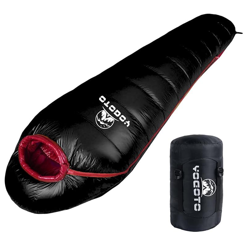 YOGOTO ダウン シュラフ 冬用 寝袋 650 FP マミー型 コンパクト 車中泊り 登山 スリーピングバック 地震対策 防災 避難用 撥水 最低使用温度 15度 ブラック