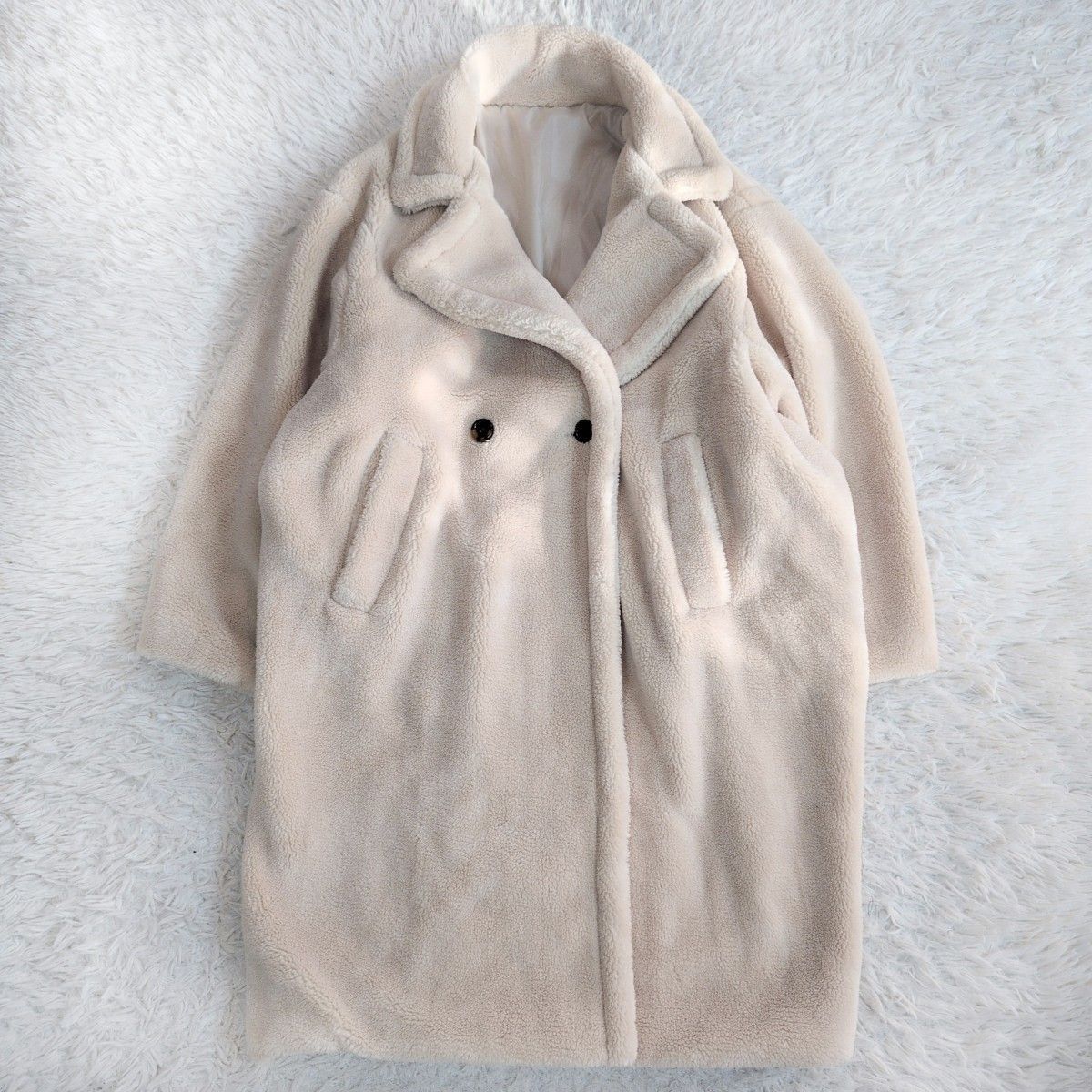 級 rectangle レクタングル テディベアコート ボア ロング ダブルチェスターコート アイボリー オーバーサイズ M