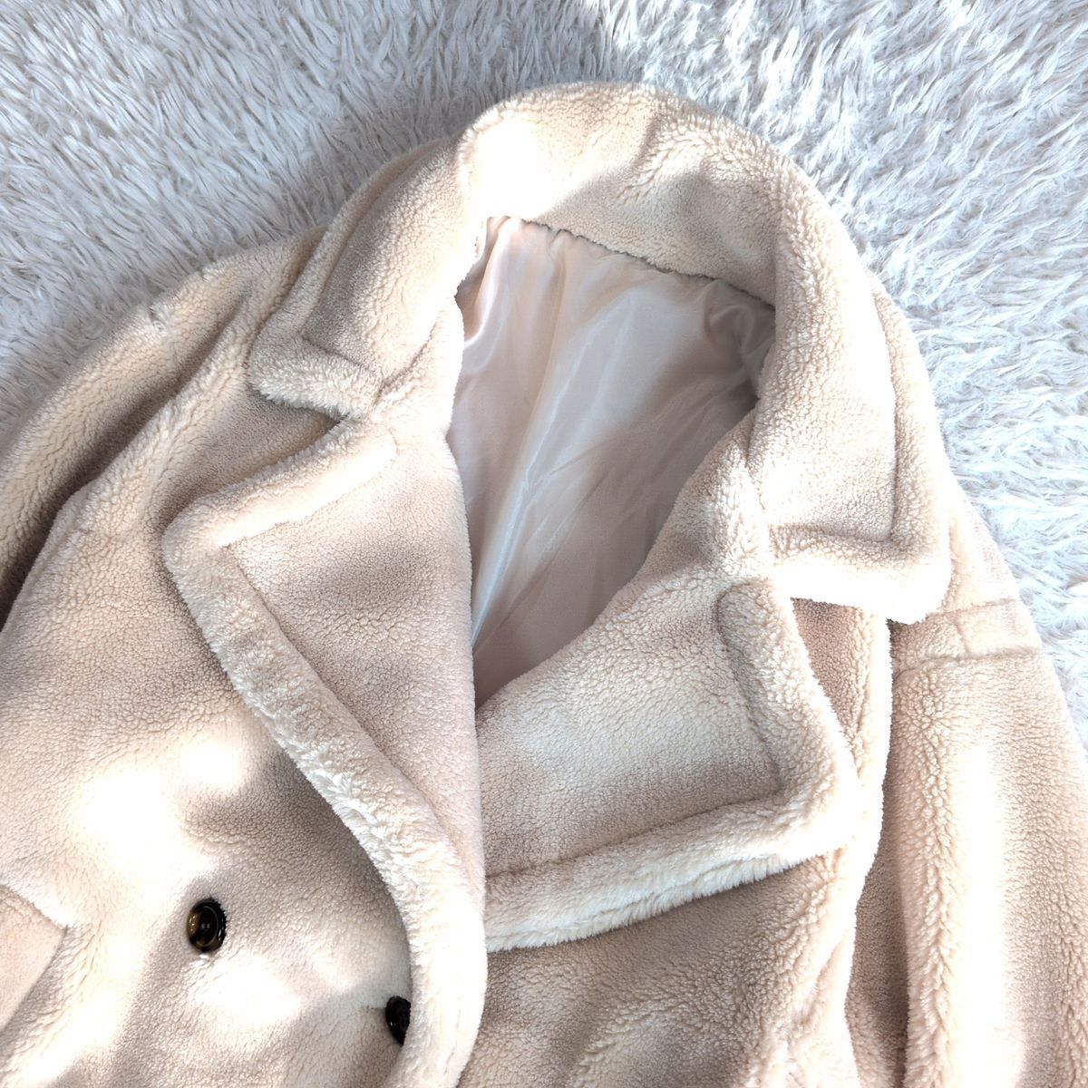 級 rectangle レクタングル テディベアコート ボア ロング ダブルチェスターコート アイボリー オーバーサイズ M