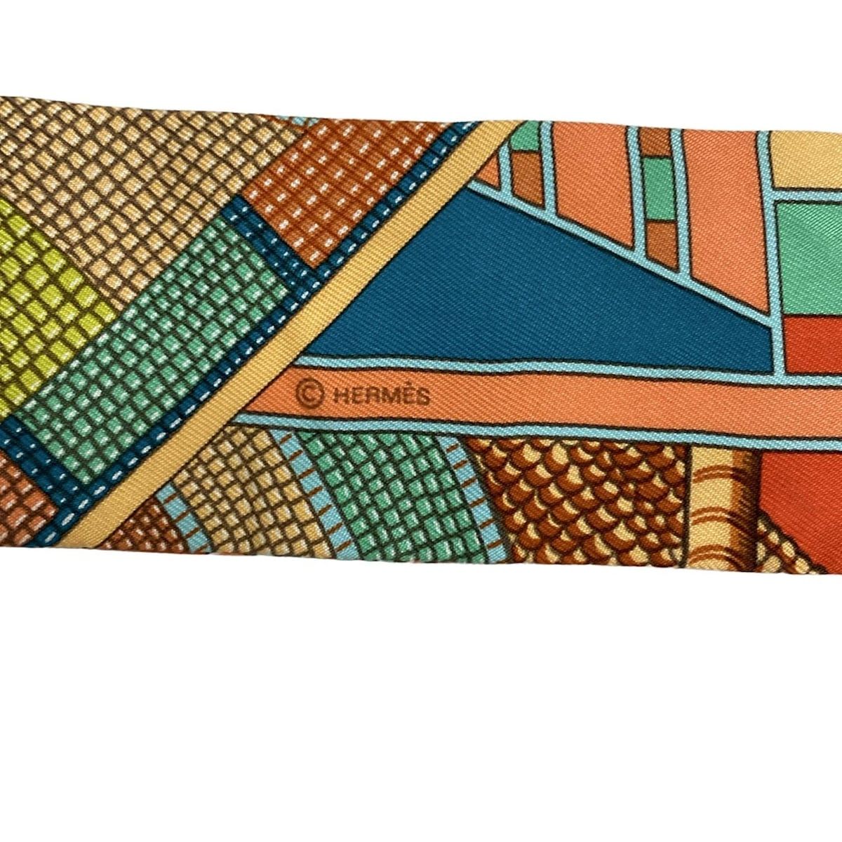 HERMES エルメス スカーフ ツイリー オレンジ×ライトグリーン×マルチ リボンスカーフ
