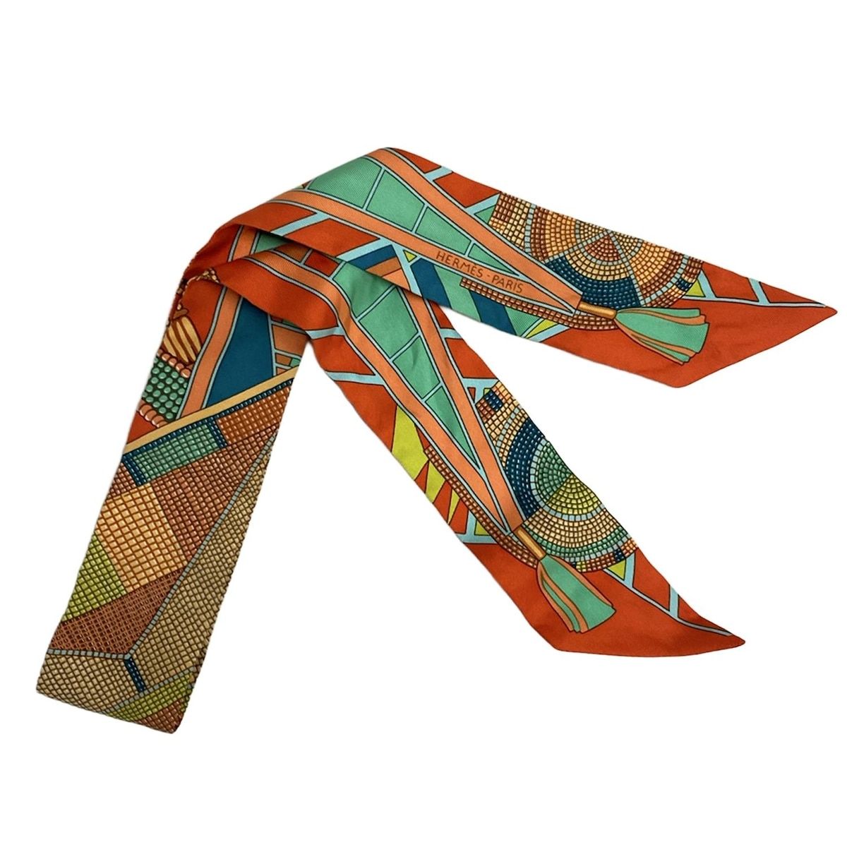 HERMES エルメス スカーフ ツイリー オレンジ×ライトグリーン×マルチ リボンスカーフ