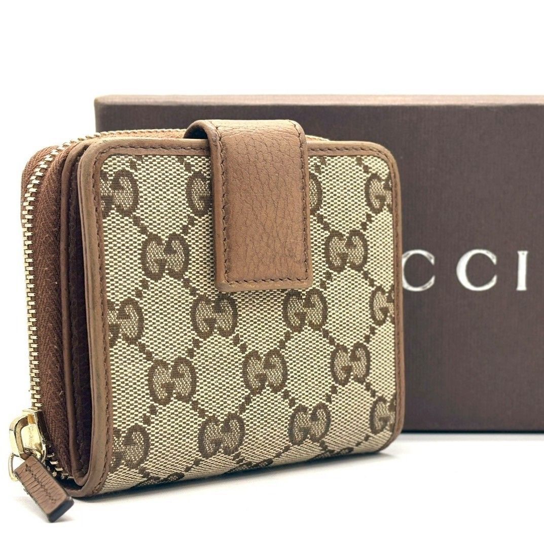 クラシックに宿る温もり GUCCI グッチ 二つ折り財布 GGキャンバス コンパクトウォレット レザー 346056 2184 ブラウン