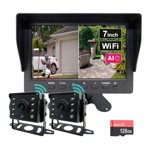 ワイヤレス防犯カメラセット モニター付き 暗視機能 AI 人体検知 防水 IPx7 WiFi 無線 簡単接続 配線簡単 小型 分割表示 赤外線録画 録画機能 AIモニター 7インチ カメラ 2台 microSDカード付 ff8d0447