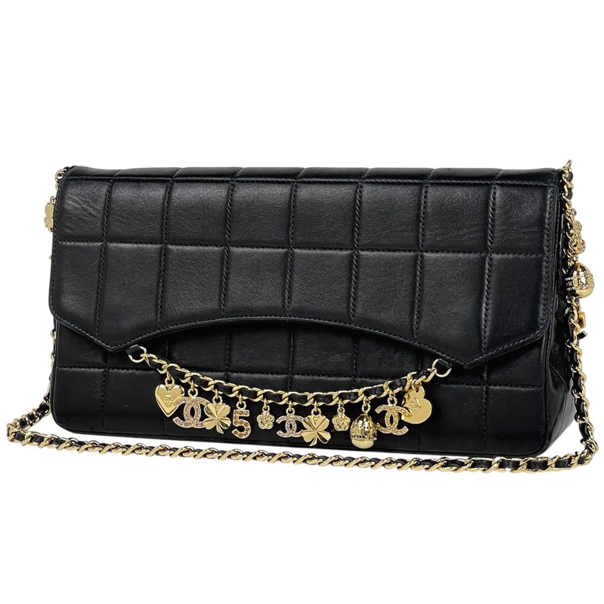 シャネル CHANEL チョコバー チェーン ショルダーバッグ チャーム ショルダーバッグ レザー ブラック レディース