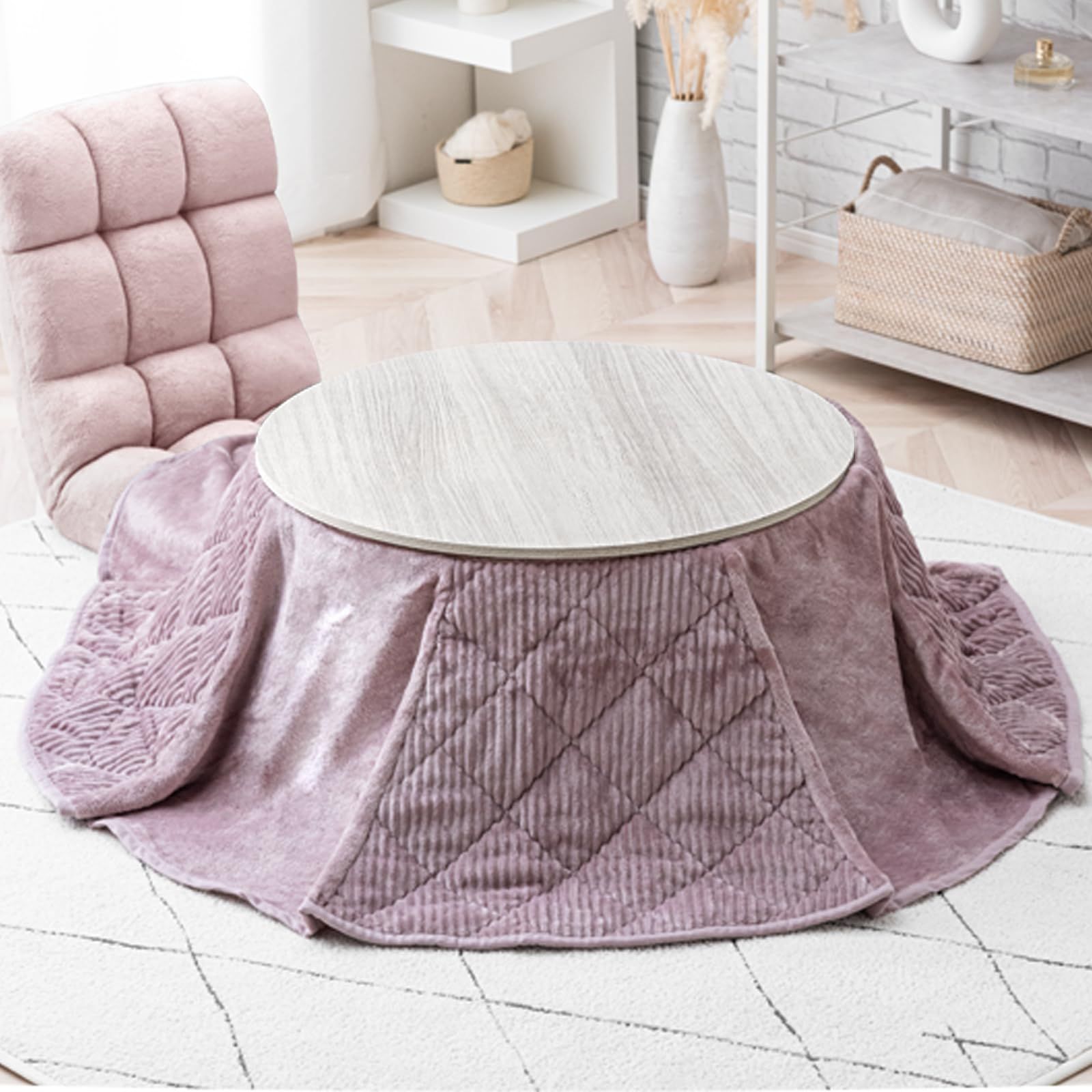 タンスのゲン こたつ 2点セット こたつ本体 掛布団 直径69cm 円形 木目 リバーシブル天板 省スペース 洗える コーデュロイ スノーブラウン 21300012 31AM 70473