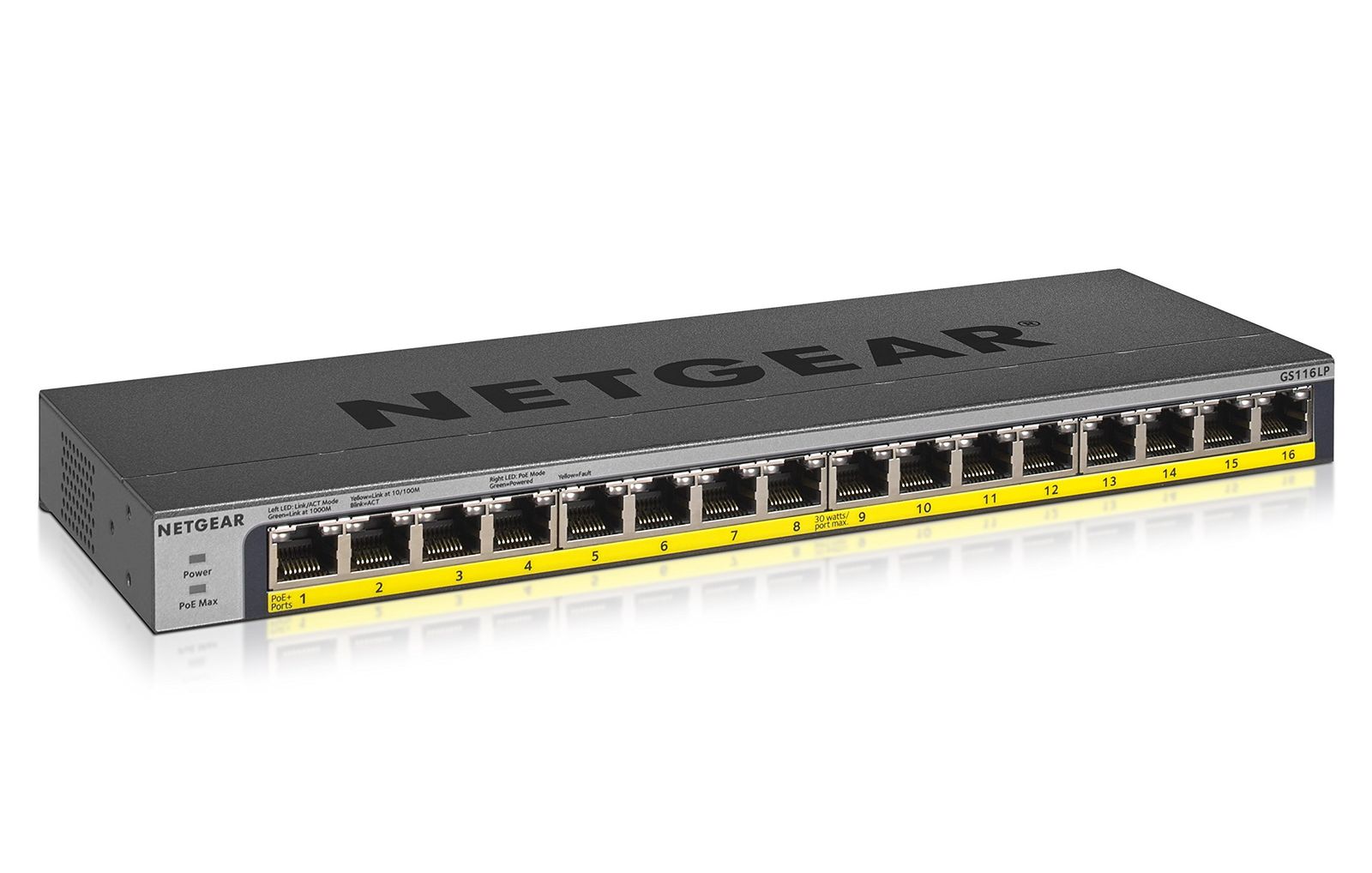ネットギア NETGEAR スイッチングハブ 16ポート 1G PoE 76W 金属筐体 静音ファンレス リミテッドライフタイムハードウェア保証 アンマネージスイッチ GS116LP-100AJS PoE 76W