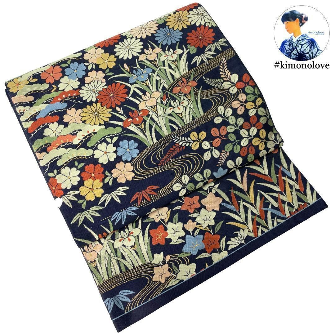 袋帯 正絹 ボタニカル柄 濃紺 カジュアル着物 kimonolove リユース品 オゾン消臭サービス AO-0383