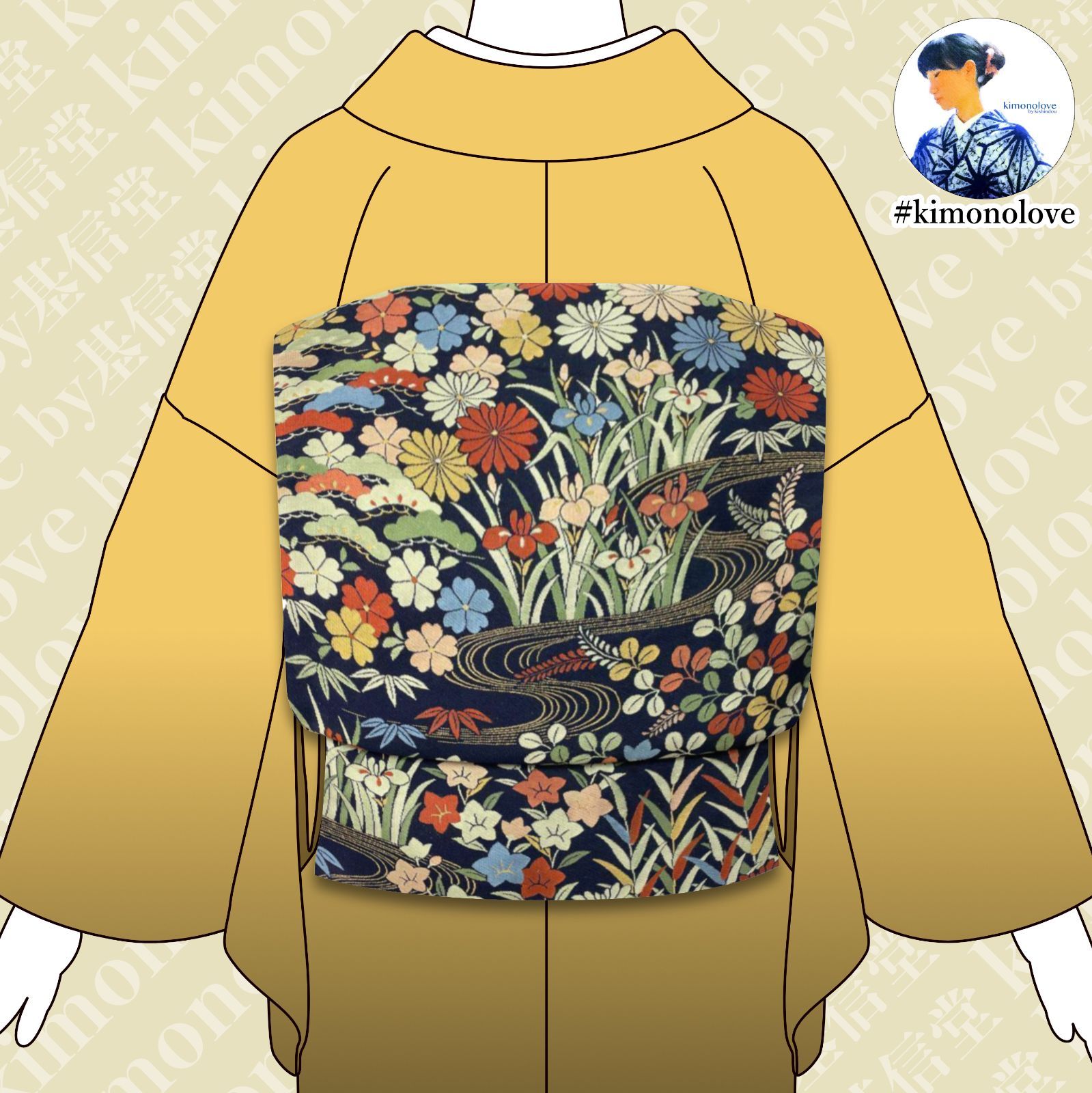 袋帯 正絹 ボタニカル柄 濃紺 カジュアル着物 kimonolove リユース品 オゾン消臭サービス AO-0383