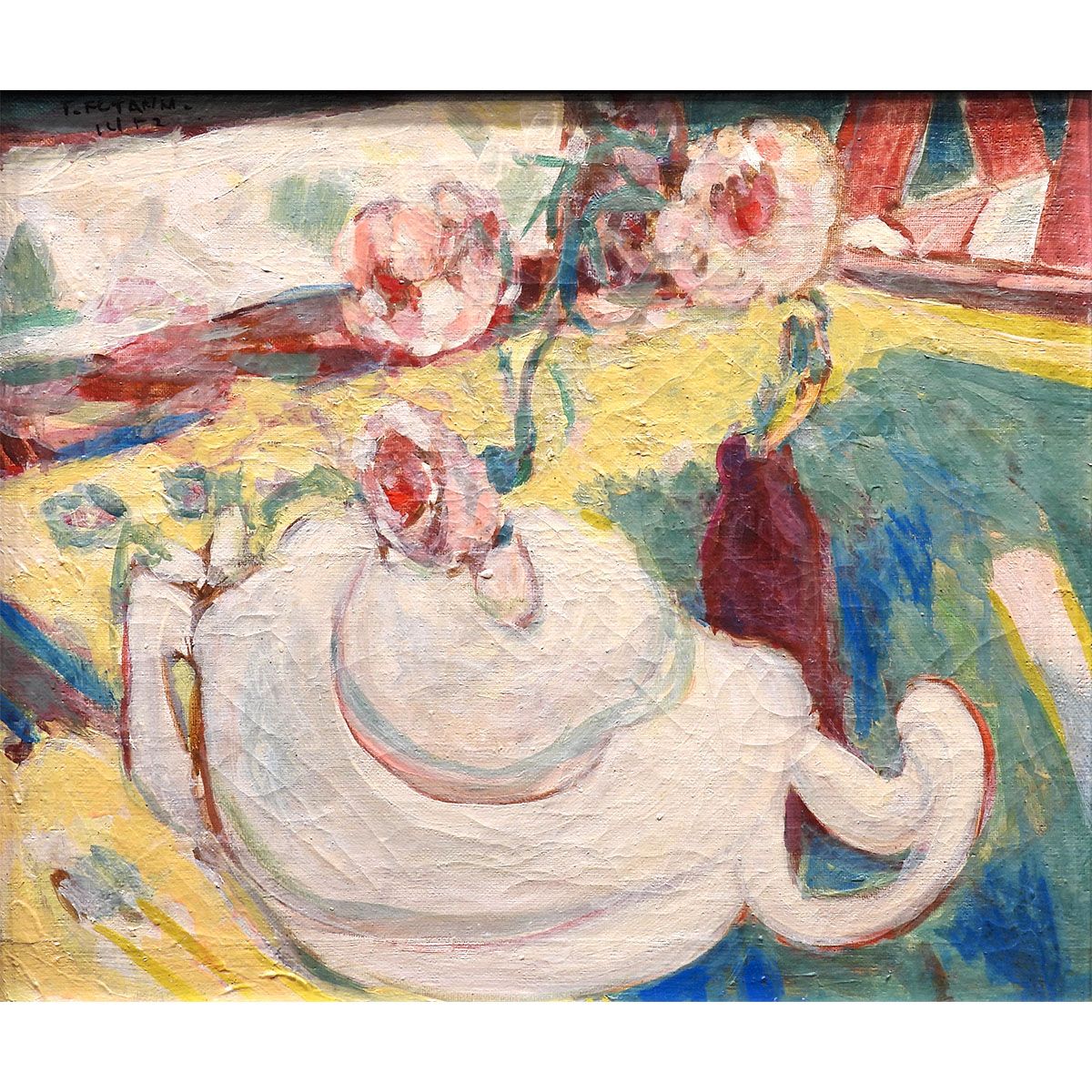 二見利節 朝のけしよう 油彩8号 静物画 花 化粧 香水瓶 アート インテリア 日動画廊取り扱い作家 原画 油絵 絵画 げ交渉