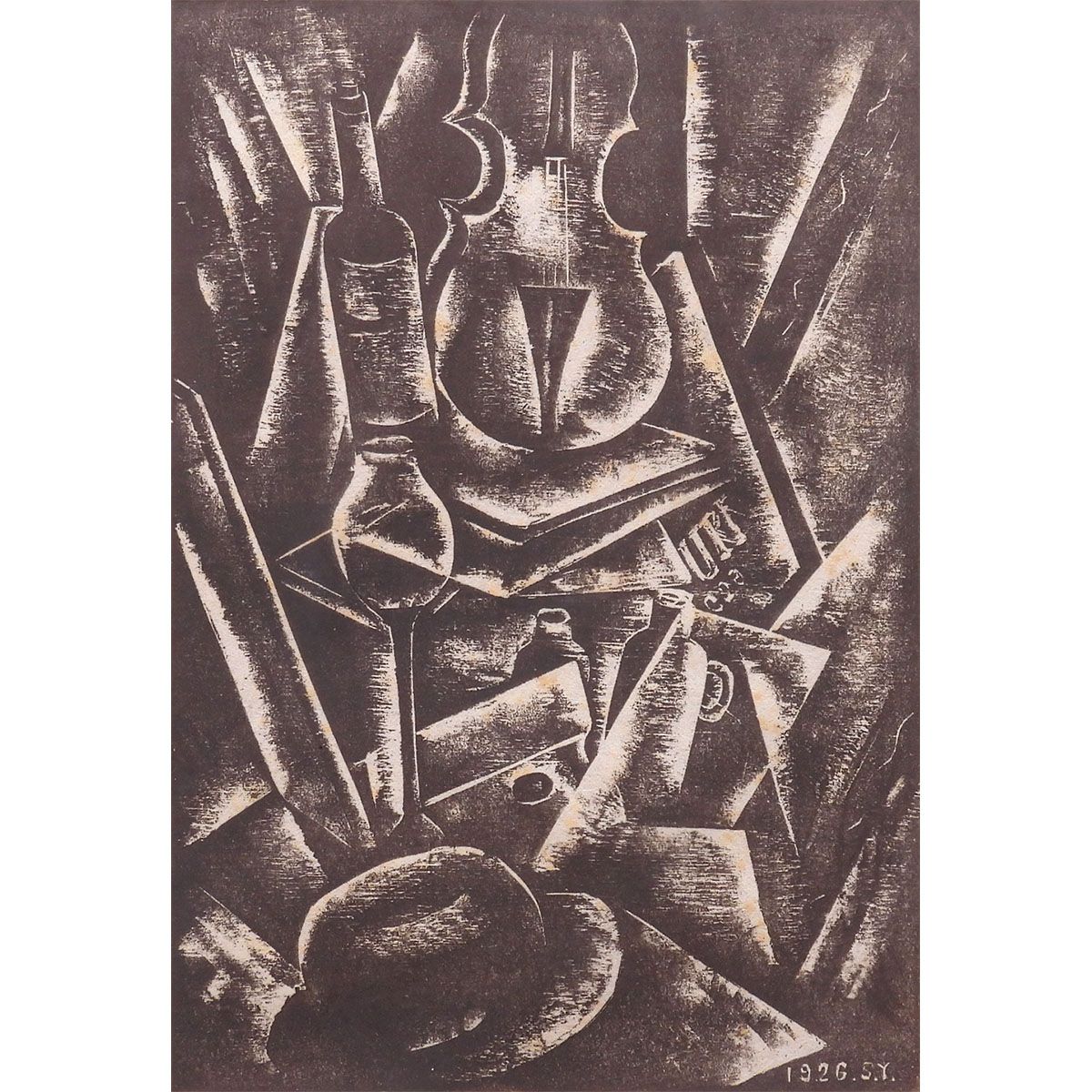 山口進 静物 静物画 木版画 1926年 バイオリン 楽器 モダンアート 町田市立博物館収蔵 師 黒田精輝 版画 絵画 げ交渉