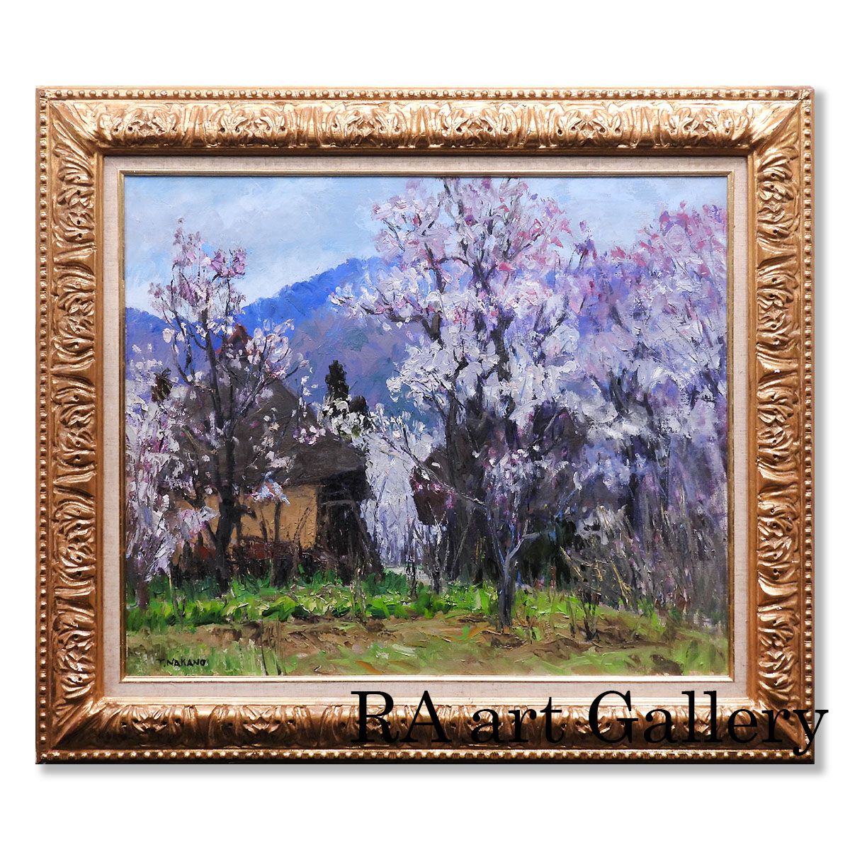 中野恒 杏の里 油彩12号 風景画 アート インテリア 三越百貨店取り扱い作家 山 花 森 古民家 農村 原画 油絵 絵画 げ交渉