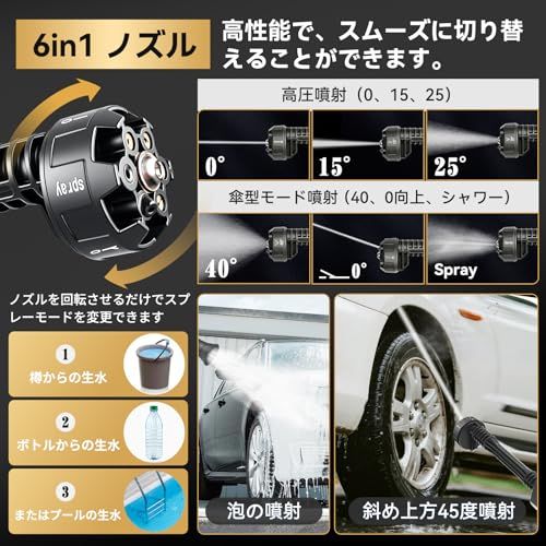  高圧洗浄機 洗車プロ吉野さん監修 強化版 9 MPa コードレス 充電式 高圧洗車機 吐出孔径20％拡大 安全ロック設計 LED残量表示 新型6 in 1 ノズル PSE認証済 3000 mAhバッテリー マキタバッテリー互換 7 m耐久ホース 高圧洗浄機本体 高圧洗浄機