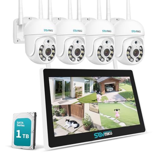 Sovmiku 10インチモニタ一体型NVR 500万画素ワイヤレスカメラ4台セット チャンネルまで増設可 双方向音声 360° PTZ機能カメラ 遠隔監視 防水等級ip66 AI動体検知 屋内 屋外 セキュリティ 防犯カメラ 500万画素カメラ4台