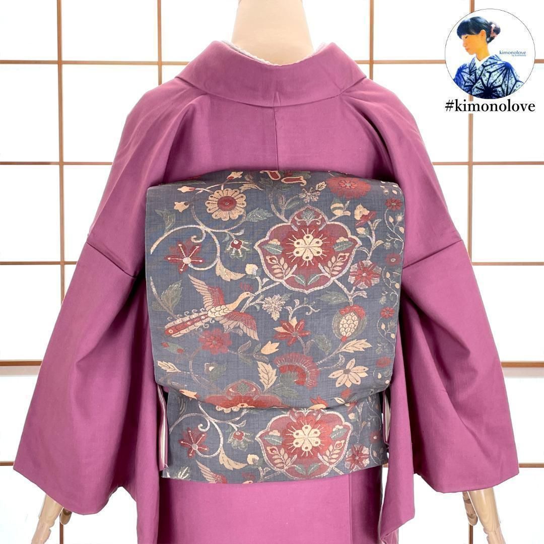 袋帯 正絹 金糸 花鳥更紗 濃いブルーグレー 着物 kimonolove リユース品 オゾン消臭サービス AO-0385