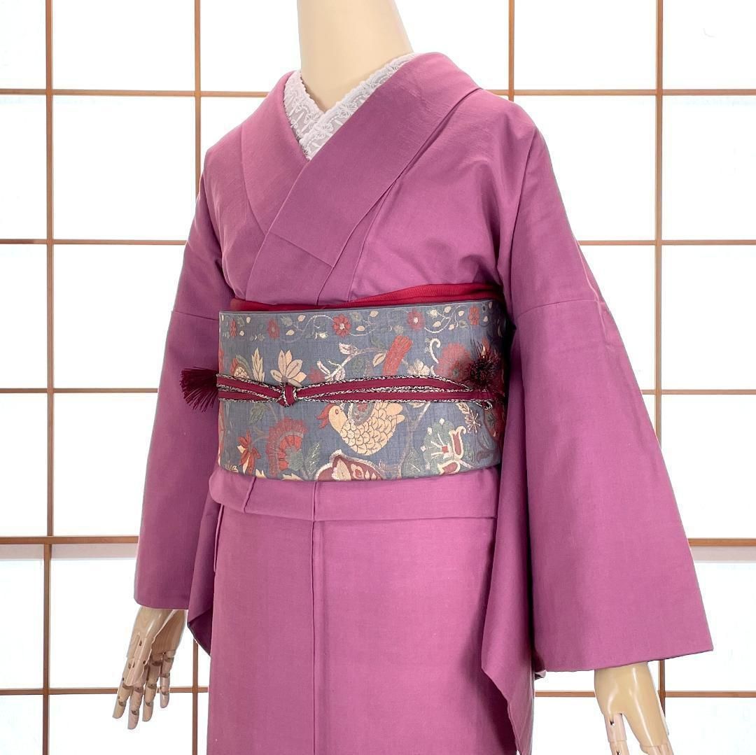 袋帯 正絹 金糸 花鳥更紗 濃いブルーグレー 着物 kimonolove リユース品 オゾン消臭サービス AO-0385