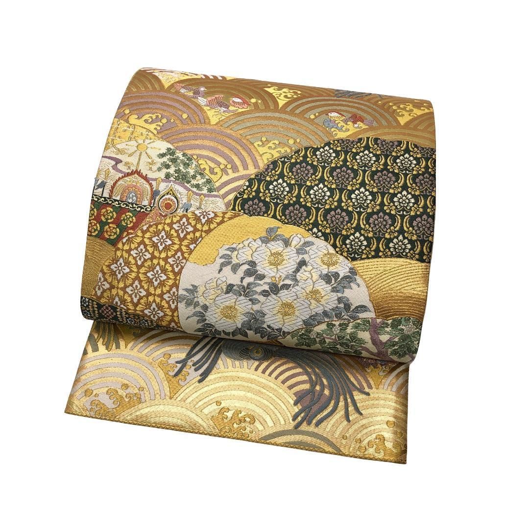 袋帯 唐織 花模様 青海波 鴛鴦 金色 金糸 O-5649