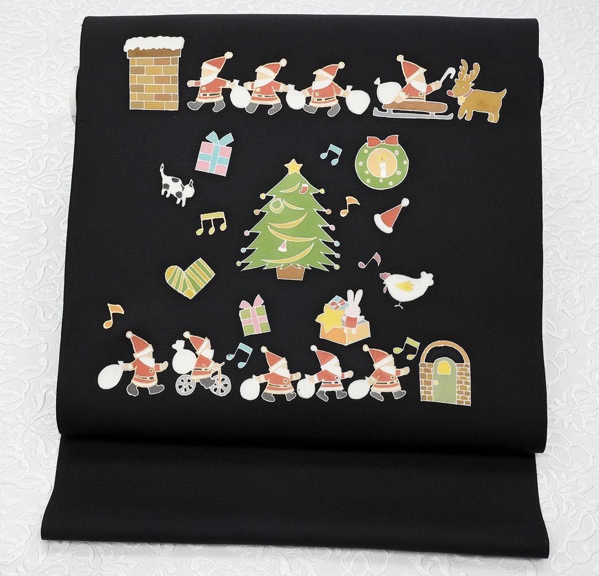 1本限り 未仕立 塩瀬生地 染九寸名古屋帯 クリスマス柄 手縫仕立代込