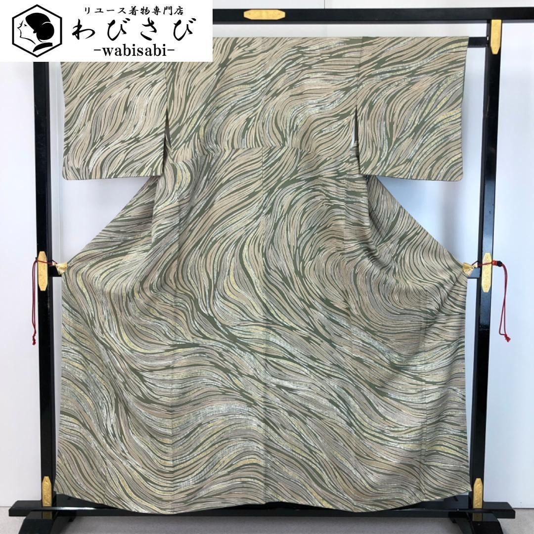 小紋 抽象曲線模様 蝋纈染 昆布茶色 縮緬 K-5469