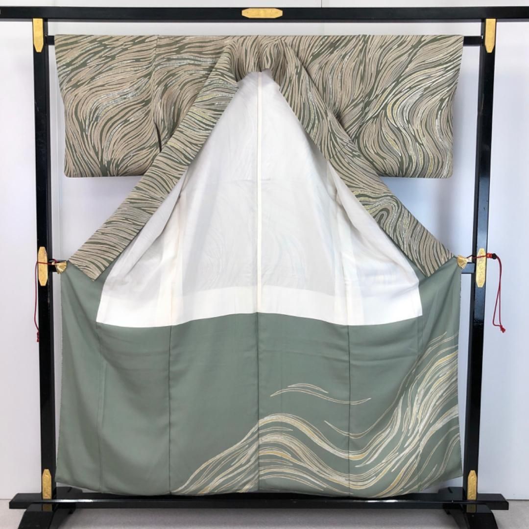 小紋 抽象曲線模様 蝋纈染 昆布茶色 縮緬 K-5469