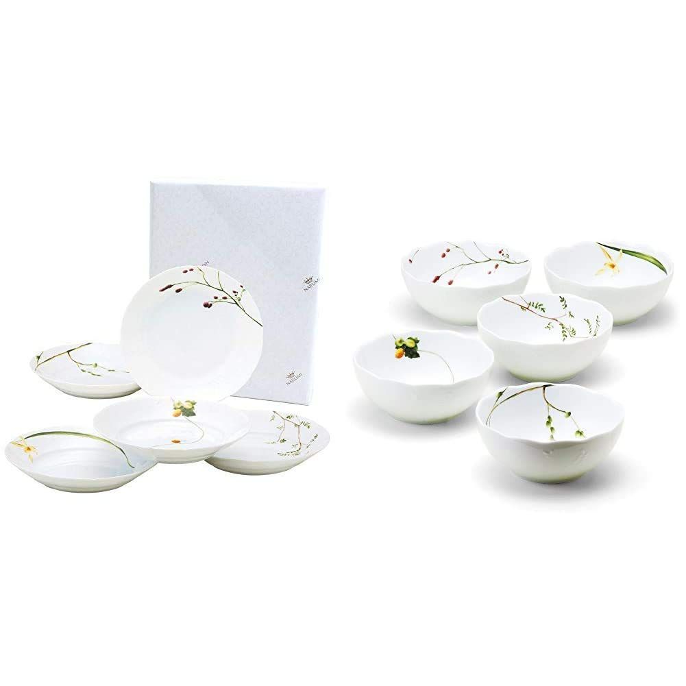 NARUMI ナルミ プレート 皿 セット 里花暦 さとはなごよみ 径21cm グリーン 花柄 5柄セット 40912-32842AZ - ボウル 皿 セット 里花暦 さとはなごよみ 径13cm グリーン 花柄 5柄セット 40912-328