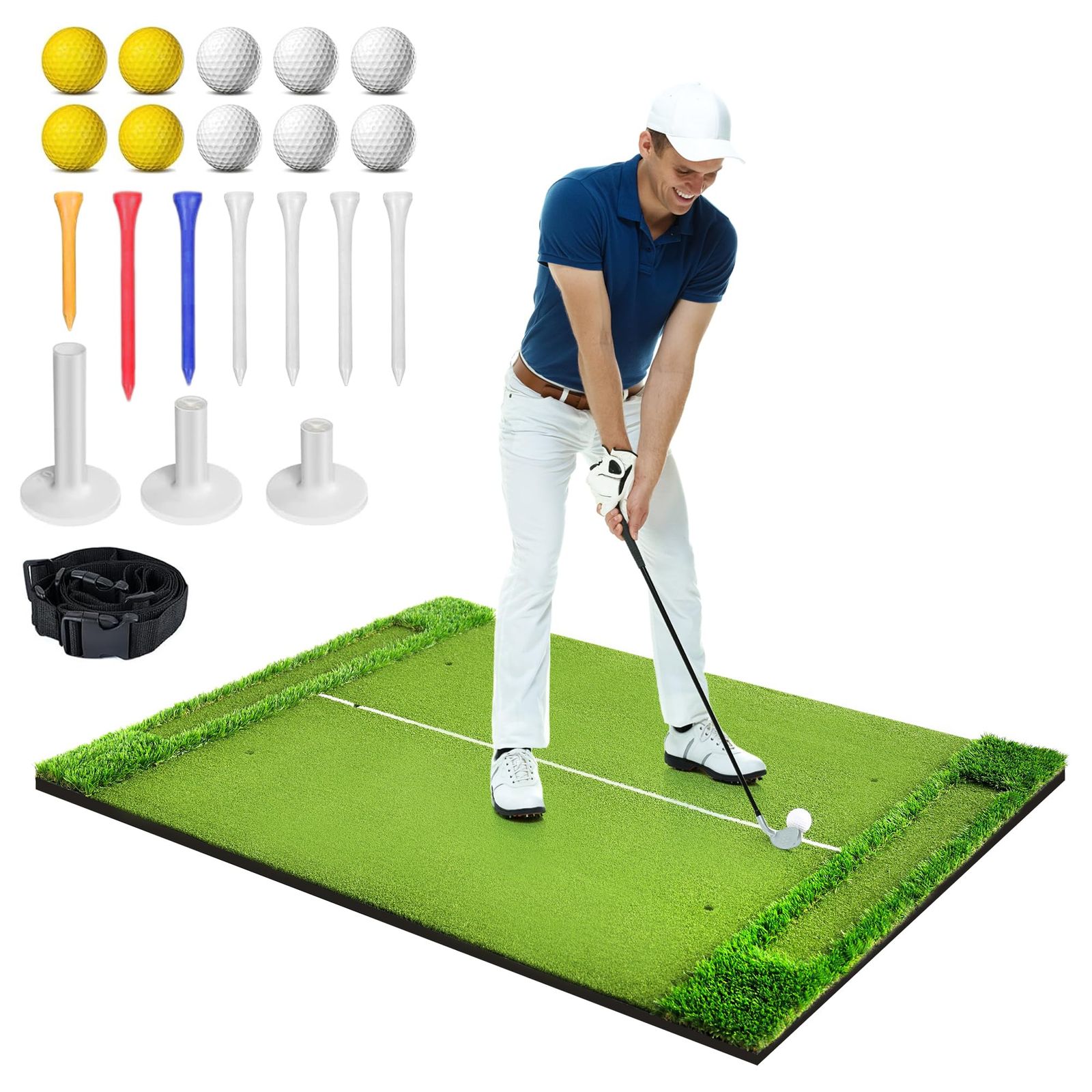 150×120cm ゴルフショット用マット 2WAY芝 ゴルフ 自宅 室内 大型 屋外 素振り ドライバー スイング ゴルフマット 人工芝マット ゴルフティー7個 ゴムティー3個 KOOPRO ゴルフボール10個 収納ベルト付き