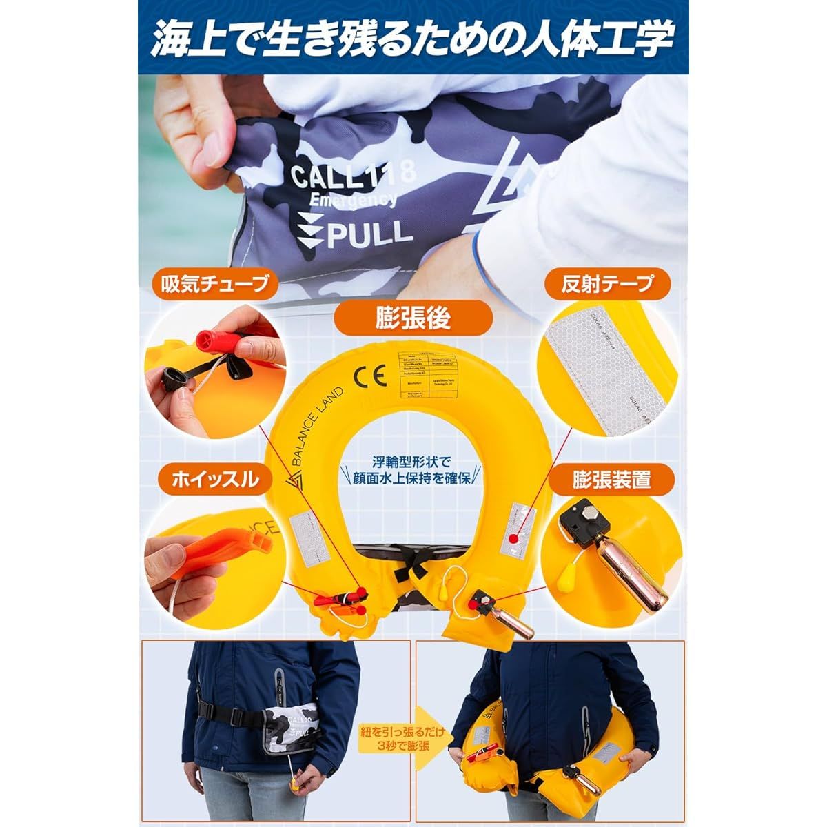  ISO CE規格適合 手動膨張式ライフジャケット SOLAS高反射テープ＆ガスシリンダー内蔵 大人用 救命胴衣 釣り ボート 水泳 防災に カモフラージュ柄 軽量コンパクト ライフジャケット ウェア