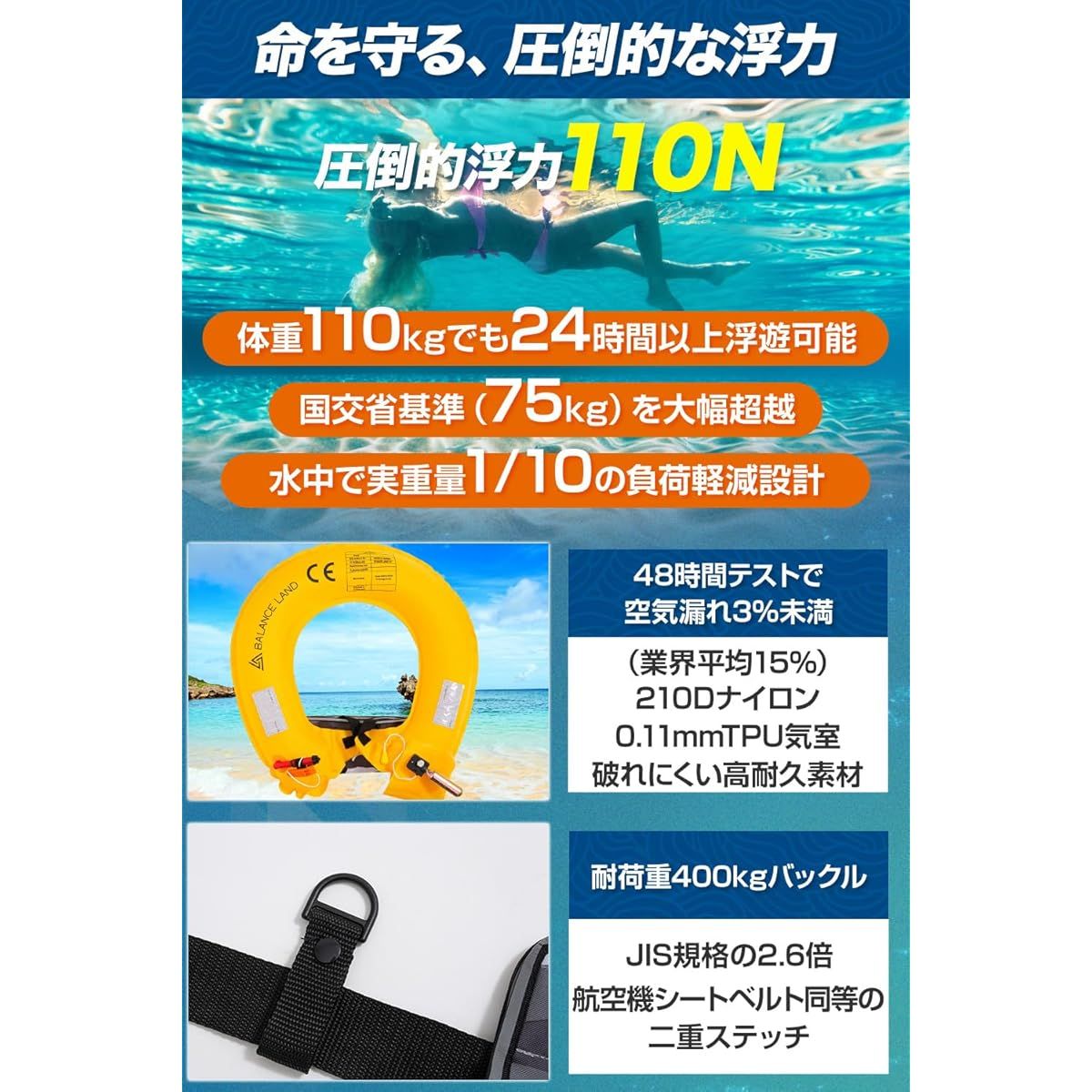 SOLAS高反射テープ＆ガスシリンダー内蔵 大人用