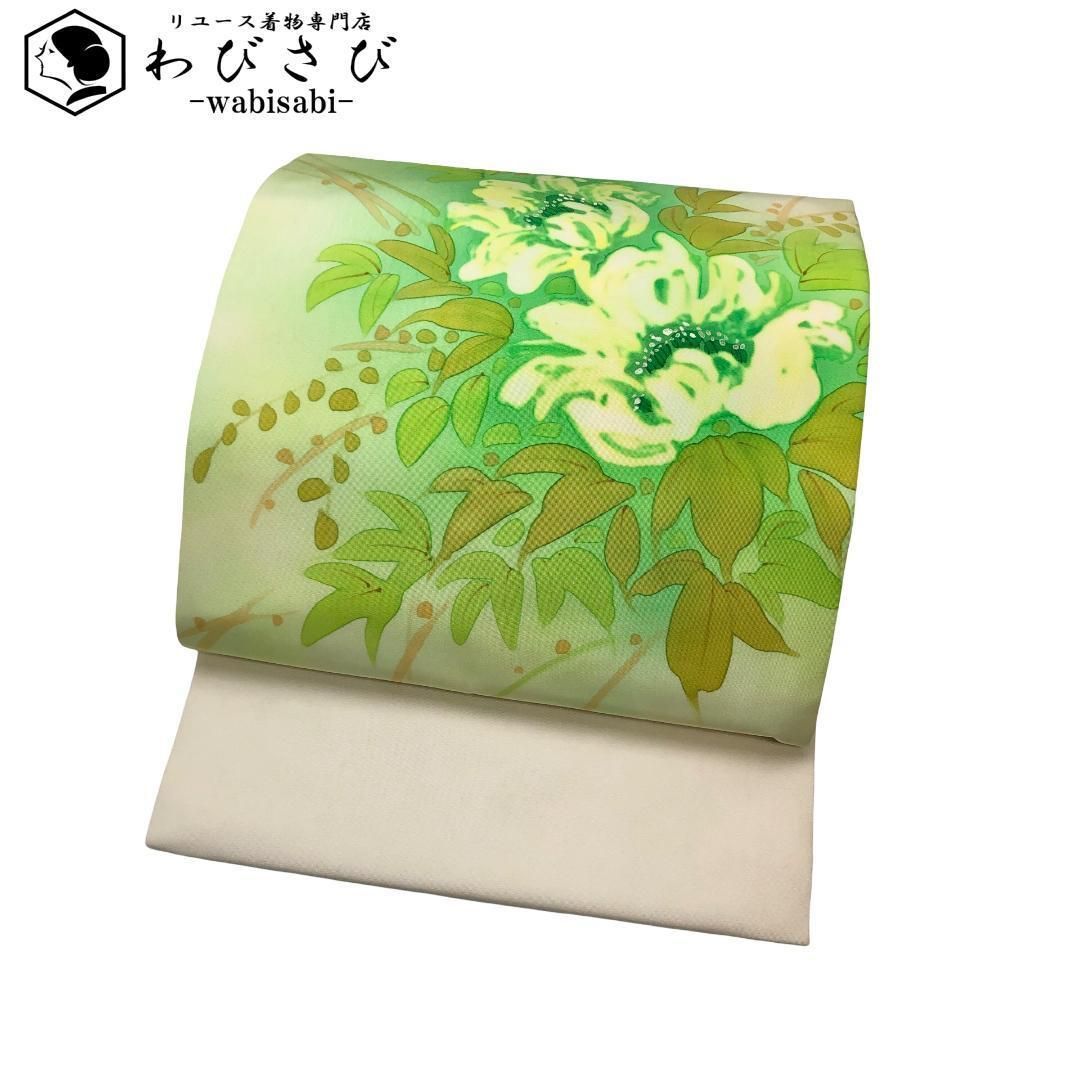 名古屋帯 塩瀬 作家物 手描き 鮮やかな花模様 乳白色 O-5669