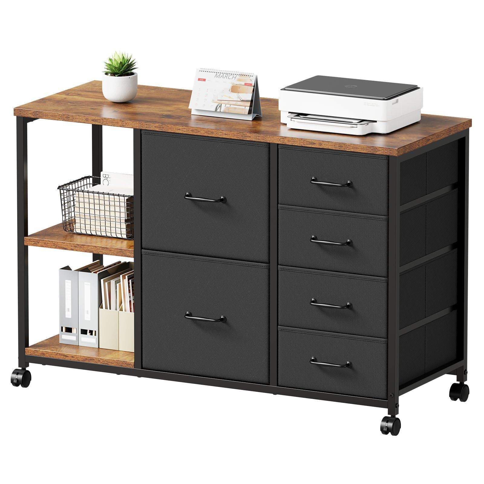 Maihail サイドキャビネット デスクワゴン 布製 袖机 層板付き サイドワゴン 6段 オフィスワゴン A4対応 プリンター台 大容量 キャスター付き デスク下収納 ビンテージ