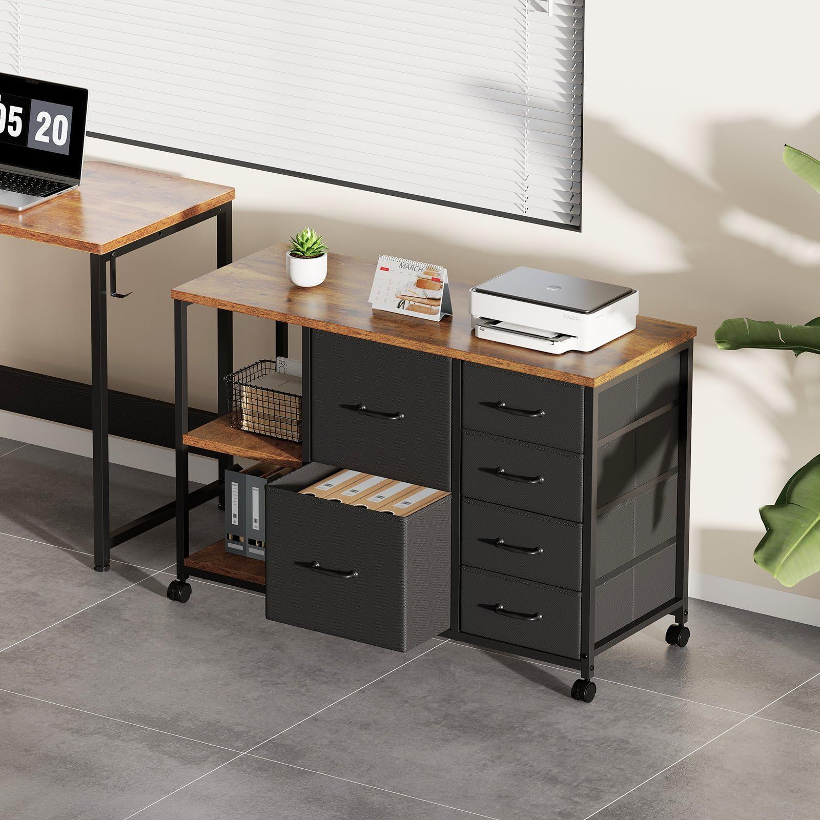 Maihail サイドキャビネット デスクワゴン 布製 袖机 層板付き サイドワゴン 6段 オフィスワゴン A4対応 プリンター台 大容量 キャスター付き デスク下収納 ビンテージ