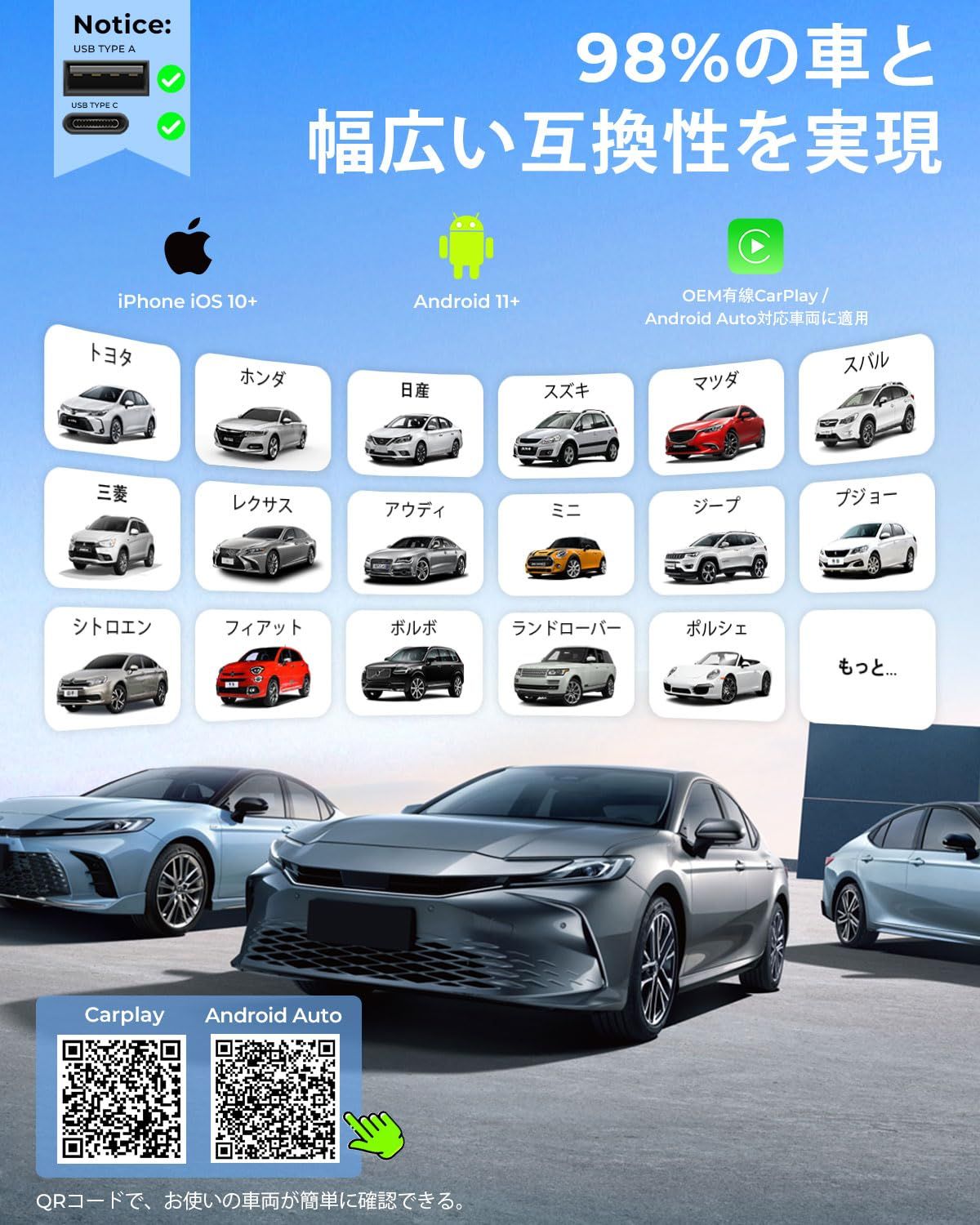 AuroraLink carplay ワイヤレス 2-in-1 - Android Auto プレーヤー レシーバー アダプター 高速で安定した有線をワイヤレスに変換CarPlay Android Auto搭載する車 音楽 通話 多言語対応 日本語バ BRIGHTFACE_UK